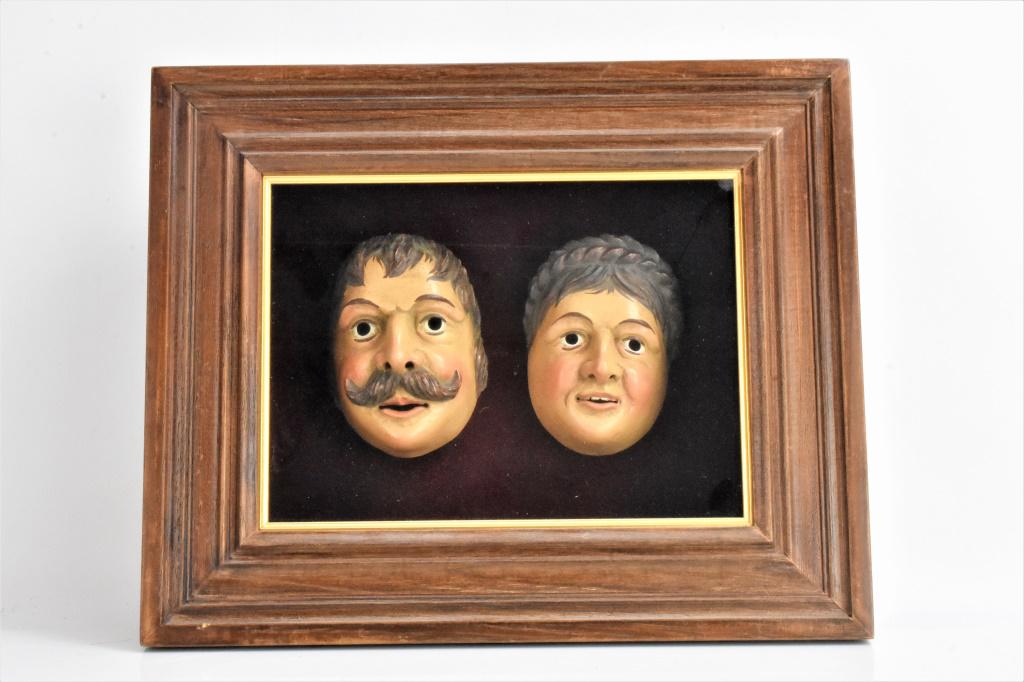 Antique German Wood Carnival Mask Samples: Antique German wood carved carnival mask samples in a shadow box. Shadow box measures approx. 13.5"l by 11"h by 3.5"w