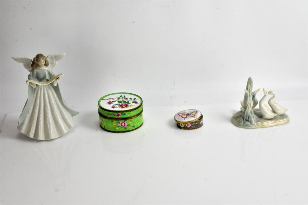 Lladro Porcelean and Cloisonne Grouping: Includes a winged angel signed Lladro, a grouping of geese singed Nao, and 2 unsigned Chinnese Cloisonne dresser boxes. Angel measures 7" tall