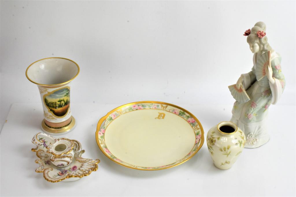 German KPM Grouping: Lot includes large KPM figure of a Geisha girl measuring 11.5" tall, 2 vases signed KPM other Kaiser, one German porcelean candle stick signed with crossed swords and the letter S, registered at the R