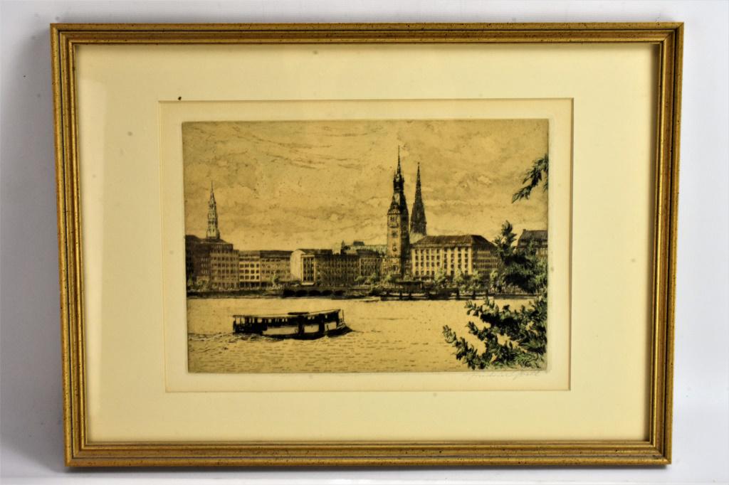 Antique Engraving and Painting Grouping: 2 prints depicting river and port scene both by the same artists Frederick ??? in the lot is a black and white engraving after Sir Joshua Reynolds titled "Betends Kinds" idated 1905, also includes a s
