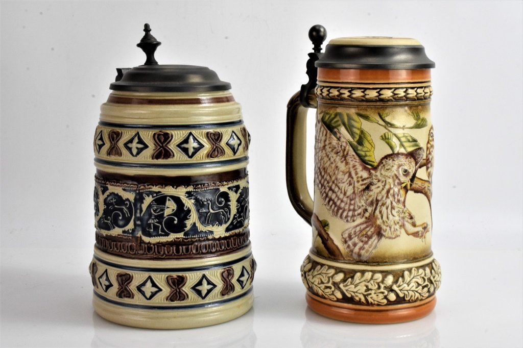 Antique German Gerz Beer Stein: Pair of Gerz German beer steins, both marked with an impression or stamp, one with a Gerz limited tag still attached #908 made in 1989 made from an original stein from 1745 Westerwald, in pristine con