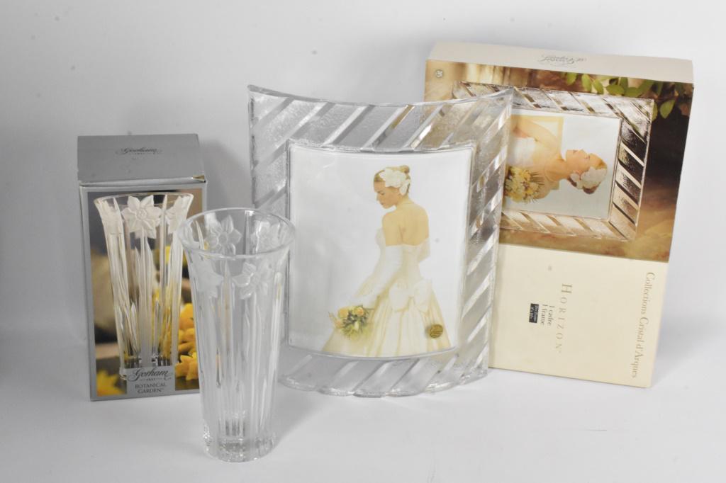Crystal Grouping: Grouping includes (2) pieces; (1) Collection Cristal d'Arques lead crystal frame and (1) Gorham lead crystal daffodil 10" vase.