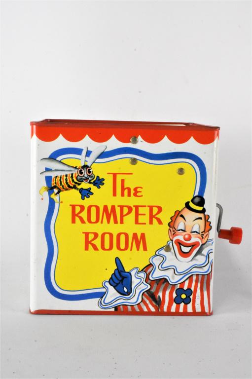 Vintage The Romper Room Jack-in-the-Box: Includes a vintage The Romper Room jack-in-the-box, made in Ridgeport, CT., listed as a carnival product.