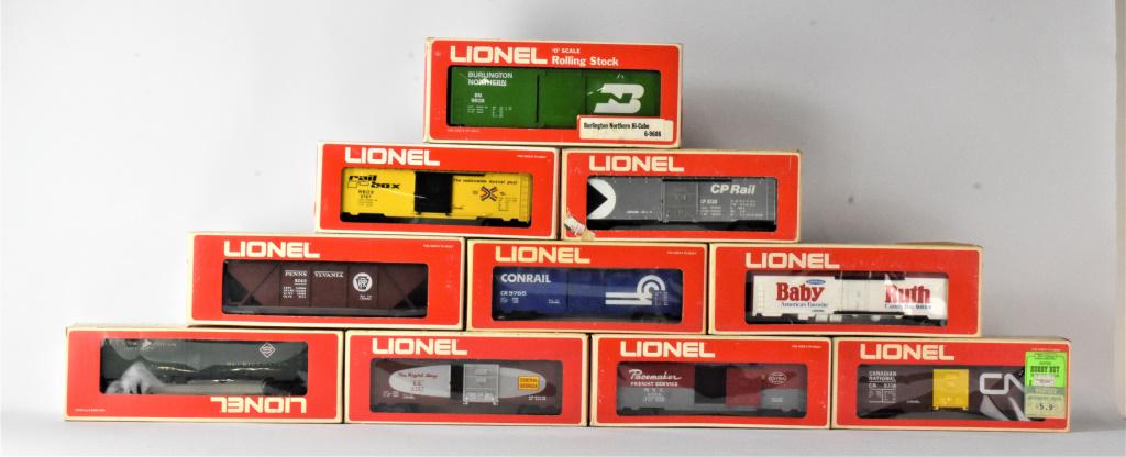 Lionel Box Car Train Grouping: Grouping includes (10) pieces including models #6-9767, #6-9608, #6-9754, #6-9785, #6-9854, #6-9863, #6-9757, #6-9718, #6-9263, and #6-9730. All pieces include original boxes.