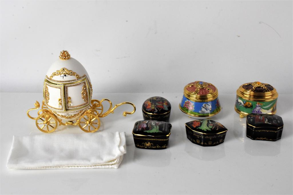 Trinket Box Grouping: Grouping includes (7) pieces. Cinderella and The Six Swans are also music boxes. The other four trinket boxes include scenes from musical ballads, "the stone flower," " the song of the nightingale," "