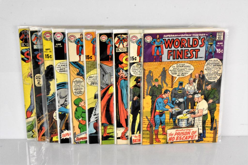 World's Finest 12 Cent Comic Grouping: Grouping includes (10) World's Finest 12 cent comics, #187-#203, including bondage covers, 200th issue, Neil Adams cover art, last 15 cent issue, nazi covers, Aquaman appearance. Comics appear to be i