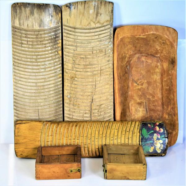 Primitive Treenware Washboard Grouping: Grouping includes (6) pieces including (2) butter prints, (3) wash boards, and (1) bowl. Largest washboard measures approx. 22"l by 7"w