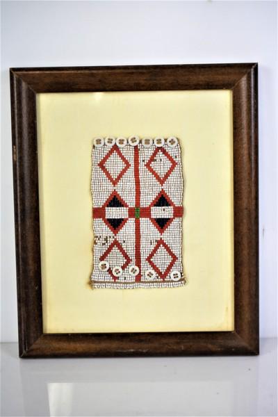 Antique Native American Beaded Panel: Framed Native American beadwork, frame measures approx. 11.75"h by 9.75"w. Also includes a pair of beaded Native American style contemporary moccasins.