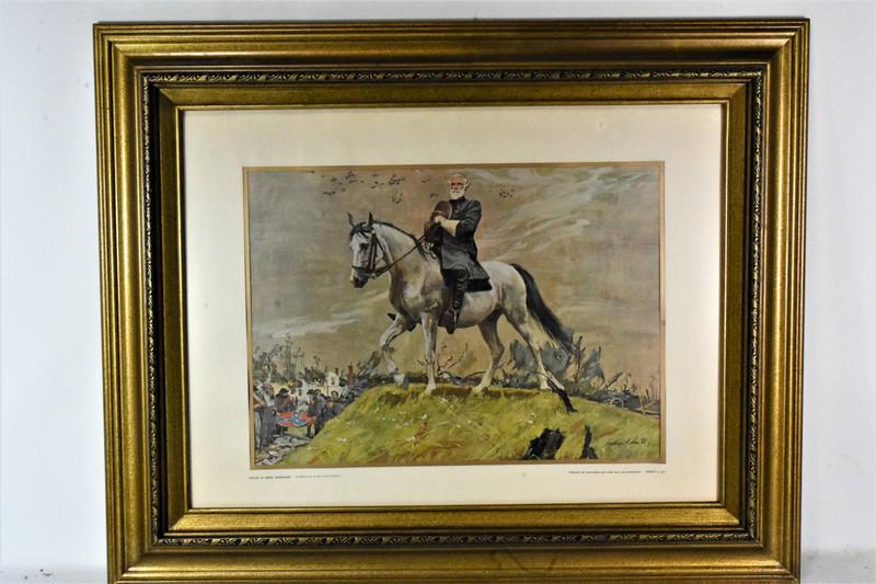 Humble Oil & Refining Company Print: Includes a Humble Oil & Refinery Company "Voices of Great Americans" print, Bottom Right: Quote from Robert E. Lee on matte, "Abandon all animosities and make your sons Americans." Signed within the p