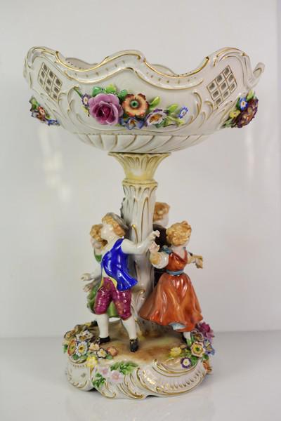 German Von Schierholz Porcelain Compote: Measures approx. 14.5"h In the manner of Dresden or Meissen Provenance: From a private NJ Estate NOTE* possible minor loss to leaves or edges, if you need a more detailed condition report, please ask