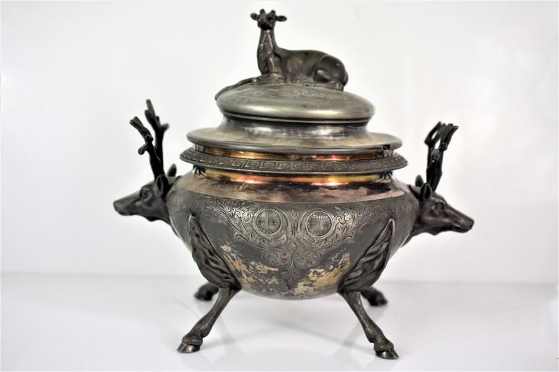 Antique German Silver Plated Covered Centerpiece: Measures approx. 10.5"h by 12"w. Loss to antlers on deer on top.