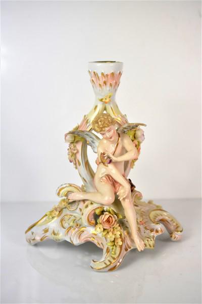 German Schierholz Plaue Porcelain Candleholder: German Porcelain Floral Candle Holder with Applied Angel on Reticulated Base and Brass Candle Inset . In the manor of Meissen or Dresden. Colors are muted and Glossy with Gold Highlights to Relief are