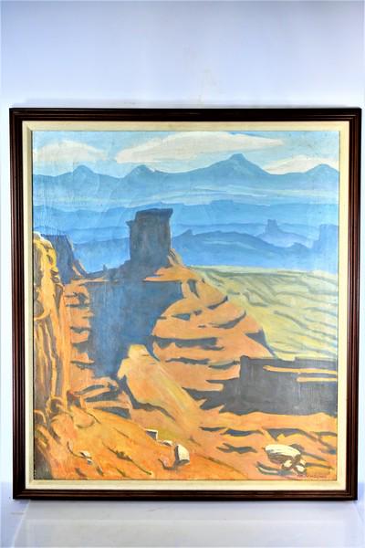 Ralph William Holmes (b. 1876) Oil on Canvas: Original western art oil on canvas, desert landsape, "Grand Canyon" SLR Ralph Holmes (b. 1876). Measures approx. 32" x 36" Viewable area measures approx: 27.5" x 32"