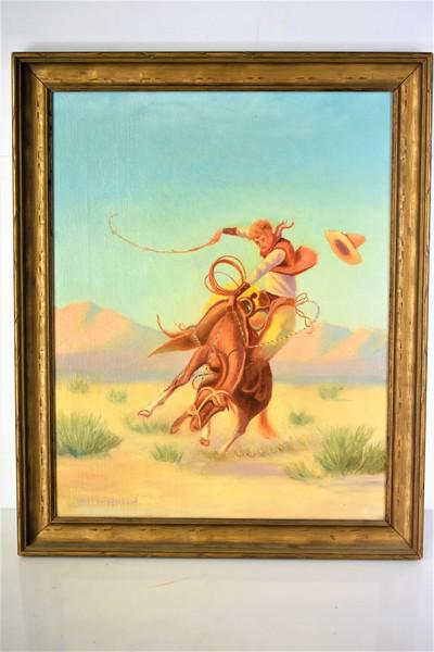 W. West Herbert Oil on Canvas: Oil on canvas in the manner of W. Herbert Dunton of desert cowboy on a bronco, SLL W. West Herbert. Measures approx: 21.25" x 16.5" Viewable area measures approx: 17.5" x 13.5"