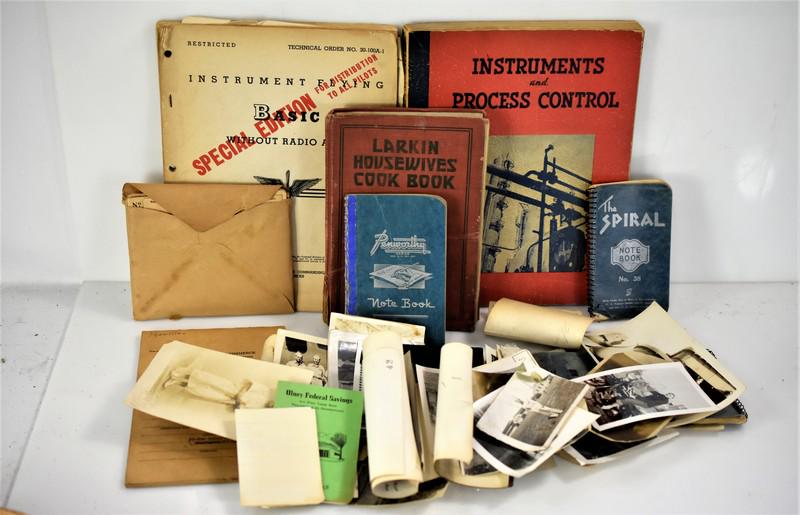 Militaria Ephemera Grouping: Grouping includes Base Instrument Flying Basic Manual for pilot, manuals for process control, various notebooks involving airmen, believed to be a WWII era ration book, as well as many photographs of 