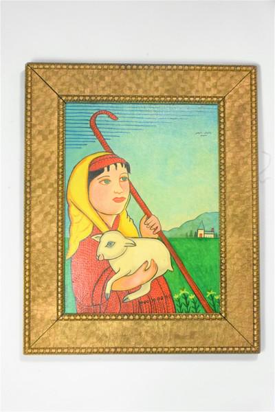 Jack Savitsky "The Shepard" Born 1910: An rare oil on board by outsider artist Jack Savitsky, signed and dated lower left edge Savitsky 79. On its reverse it states "The Year of the Child 1979, oil by Coal Miner Jack Savitsky, Lansford PA,