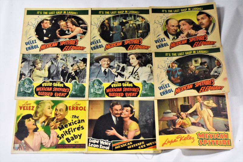 Vintage Mexican Spitfire Movie Poster Grouping: Grouping of (9) Lobby Card Movie Posters from the 1940s Featuring Lupe Velez and Leon Errol in the Mexican Spitfire Series. Grouping Includes (4)14"w 11"h Lobby Cards for "Mexican Spitfire's Elephant"