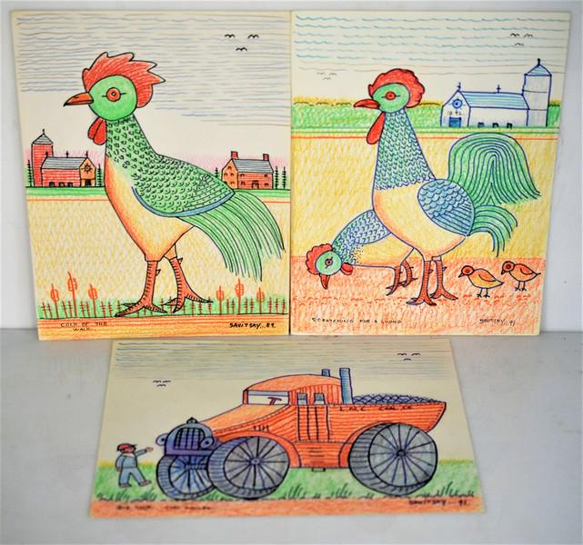 Jack Savitsky Mixed Media Grouping: Grouping includes (3) Jack Savitsky drawings including a 9 x 12 mixed media titled "Cock Of The Walk" and SLR Savitksy '89; a 9 x 12 mixed media titled "Scratching For A Living" and SLR Savitsky '91;