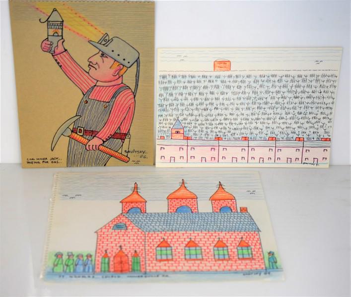 Jack Savitsky Mixed Media Grouping: Grouping includes (3) Jack Savitsky drawings including an 11 x 14 mixed media titled "St Nicholas Church...Minersville P.A" and SLR Savitsky '89; a 9 x 12 mixed media titled "Winter Time At Allen Mt.