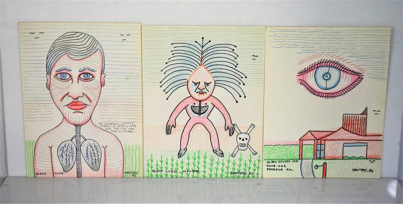 Jack Savitsky Mixed Media Grouping: Grouping includes (3) Jack Savitsky drawings a 9 x 12 pastel and mixed media titled "Black Lung" and SLR Savitsky '87; a 9 x 12 mixed media titled "Black Lung Monster" and SLR Savitsky '87, and a 9 x