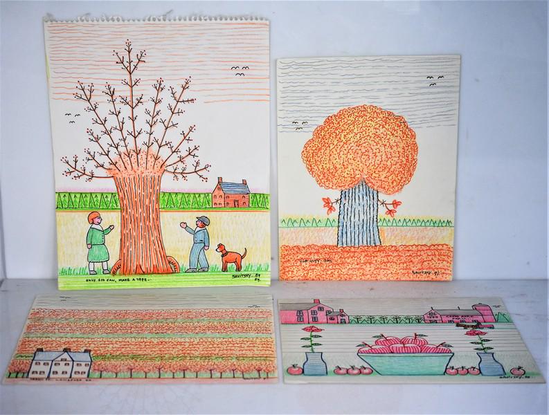 Jack Savitsky Mixed Media Grouping: Grouping includes (4) Jack Savitsky drawings including a 9 x 12 mixed media titled "Abbott St...Lansford P.A." and SLR Savitsky '91; a 9 x 12 mix media titled "Cooks Apple Farm" and SLR Savitsky '88;