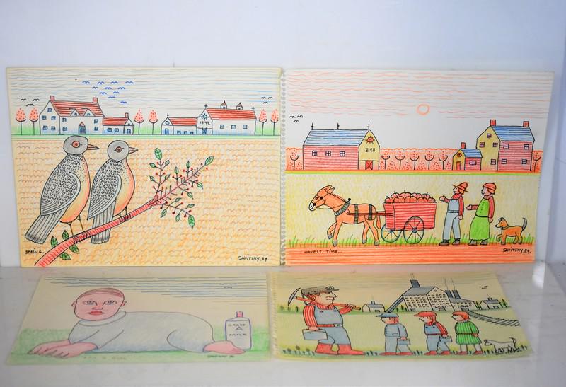 Jack Savitsky Mixed Media Grouping: Grouping includes (4) Jack Savitsky mixed media drawings including a 9 x 12 mixed media titled "It's A Girl" and SLR Savitsky '90; a 9 x 12 mixed media titled "Coal Region People" and SLR Savitsky '86