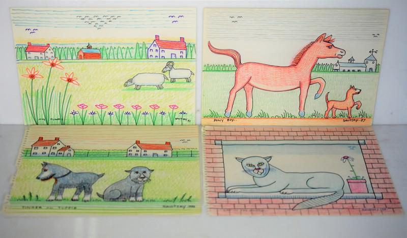 Jack Savitsky Mixed Media Grouping: Grouping includes (4) Jack Savitsky mixed media drawings including 9 x 12 mixed media titled "May Flowers" and SLR Savitsky '91; a 9 x 12 mixed media titled "Pony Boy" and SLR Savitsky '87; a 9 x 12 m