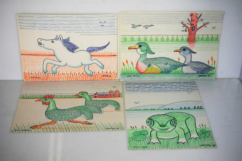 Jack Savitsky Mixed Media Grouping: Grouping includes (4) Jack Savitsky mixed media drawings including a 9 x 12 mixed media titled "Bull Frog" and SLR Savitsky '91; a 9 x 12 mixed media titled "Wild Chickens" and SLR Savitsky '87; a 9 x