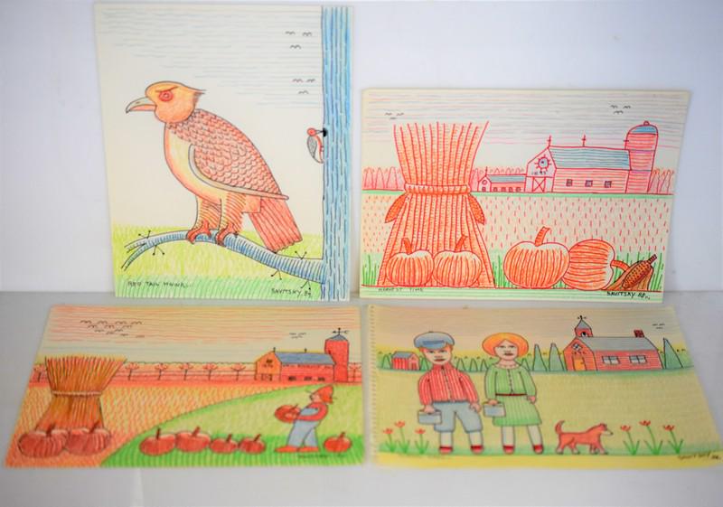 Jack Savitsky Mixed Media Grouping: Grouping includes (4) Jack Savitsky mixed media drawings including a 9 x 12 mixed media titled "School Days" and SLR Savitsky '86; a 9 x 12 mixed media titled "Harvest Time" and SLR Savitsky '88; a 9