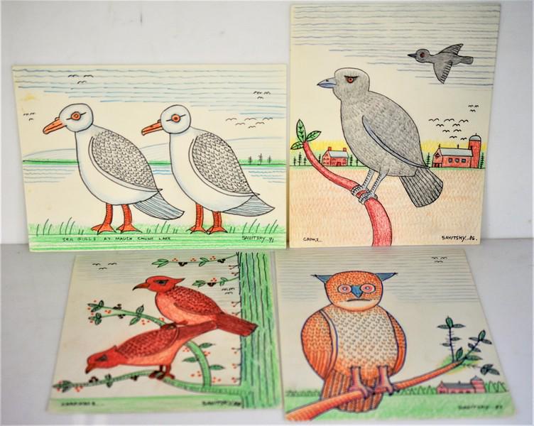 Jack Savitsky Mixed Media Grouping: includes: 4 Jack Savitsky mixed media drawings, including a 9 x 12 mixed media titled "Sea gulls at Mauch Chunk Lake" SLR Savitsky '91; 9x11 mixed media titiled "Cardnals" SLR Savitsky '88; a 9x12 mix