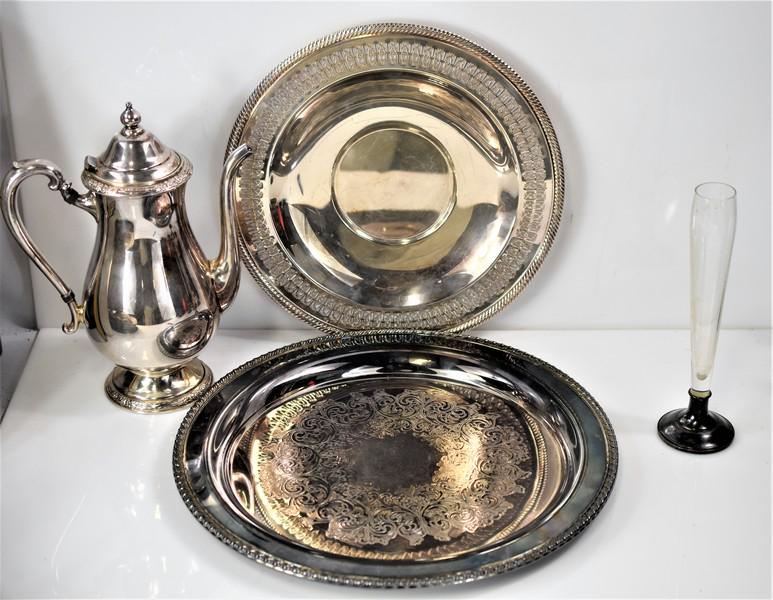 Silver plate & Sterling Silver Grouping: Grouping includes (4) pieces including (2) WM Rogers round trays, (1) Camille teapot, and (1) weighted sterling vvase. Largest tray measures approx. 14.75"w