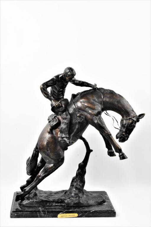 Frederick Remington, Bronco Twister: A bronze sculpture after Frederic Remington, titled Bronco twister. Measures approx: 22"H x 9"W x 16"L