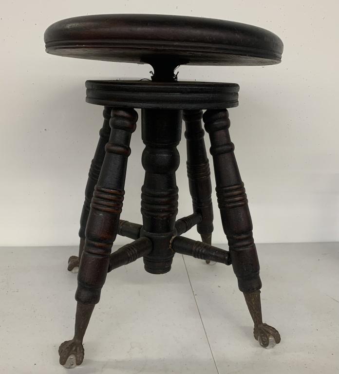 Victorian Piano Seat Glass Ball & Claw: Vintage Piano or organ seat still turns. Approximately 20 inches tall 15 inch diameter on seat.
