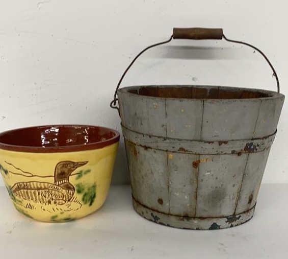 Antique Farm Pail & Breininger Pottery Bowl: (2) includes, antique pail in old paint with original bail handle. and vintage pottery bowl signed Breininger 1986, from Robesonia, PA