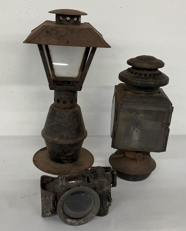 Antique H. Miller Lamp Grouping: Grouping includes one H. Miller paraffin lamp, one E & J lamp patented in 1908, and one vintage lantern. Cracked glass panel in E & J lamp. Two missing glass panels in vintage lantern.