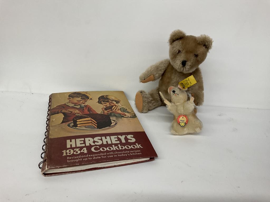 Vintage Steiff & Hershey Book Grouping: Grouping includes one small bear, and one tiny mouse,. Also includes Hershey’s cookbook, and adventures of Mickey Mouse book 1.