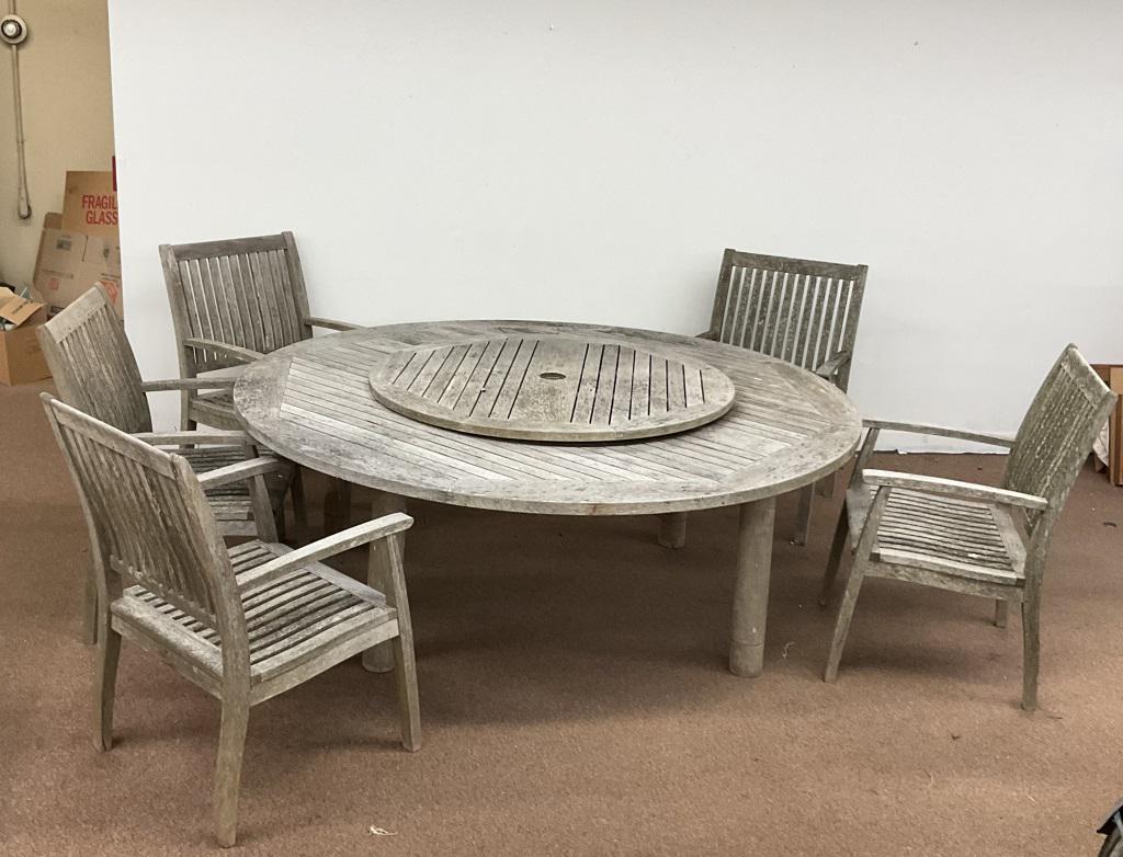 Barlow Tyrie Vintage deck table set: Set includes table and 5 chairs, and lazy Susan top. table is approximately 72 inches in diameter, and Lazy Susan is approximately 43 inches in diameter. All chairs are intact