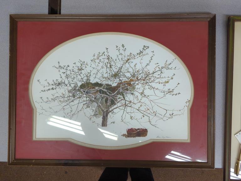 ANDREW WYETH PRINT "AFTER PICKING": A fine print by Andrew Wyeth nicely matted and framed. From a local estate. A fuel area measures approximately 25 in wide by 17 and 1/2 in tall. Signed lower right. Some ware to the frame surface.