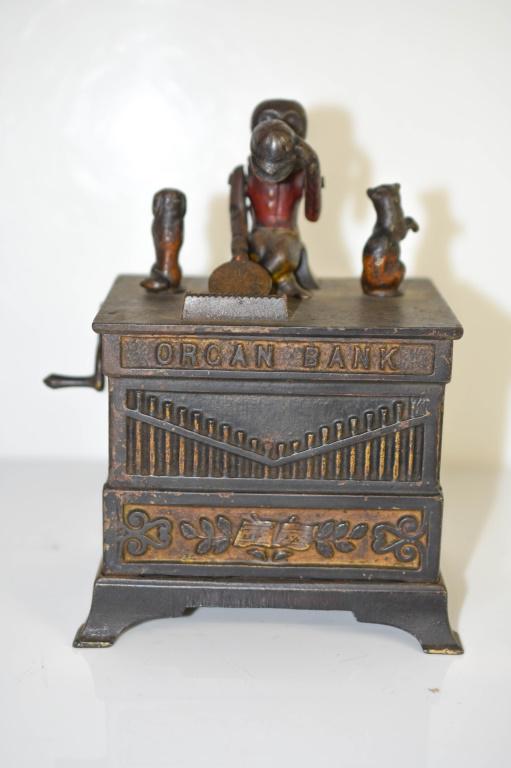 Ksyer & Rex Mechanical Cast Iron Organ Bank: Patented 1882. There Are 5 Inches Across And Approximately 8 Inches High. Animals Turn When You Crank The Bank. Monkey Is Not Moving.