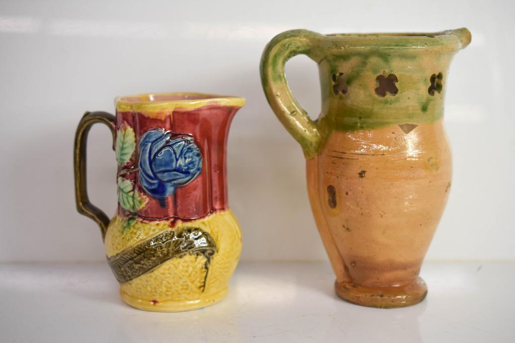 Antique French Redware & Majolica Pitchers: Grouping Includes (2) Pitchers, The Largest Measuring Approx. 10.5"h.