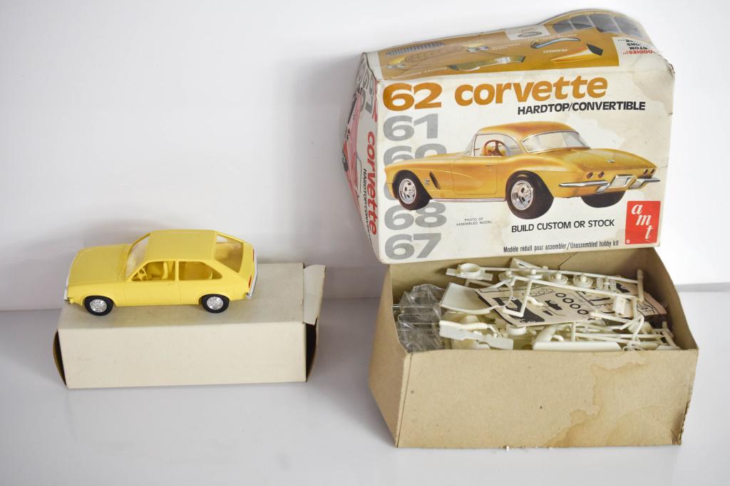 Promo & 62 Corvette Model Cars: Grouping includes (2) a dealership promo 1979 yellow Chevette and a model of a 1962 Corvette hardtop convertible. Model appears to be complete and unused. Chevette measures approx. 6.25"l.