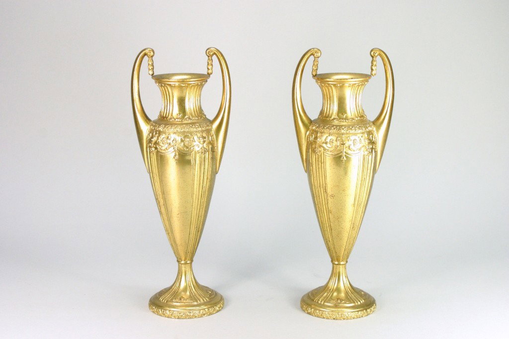 Pair of French Gilt Dore Garniture Vases 1936: A fine pair of French garniture vases with a gilt dore finish dated 1936, and marked with the letters JB 1936. From the living estate of Father William Onushko.