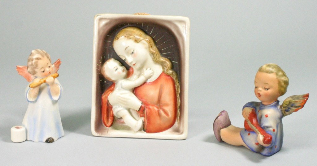 Hummel Lot: Hummel 48/0 TM2 (R) Madonna and Child wall Plaque 4x3" Hummel HX263A Angel Candle Holder" 3" crazing Angel Candle Holder 3"