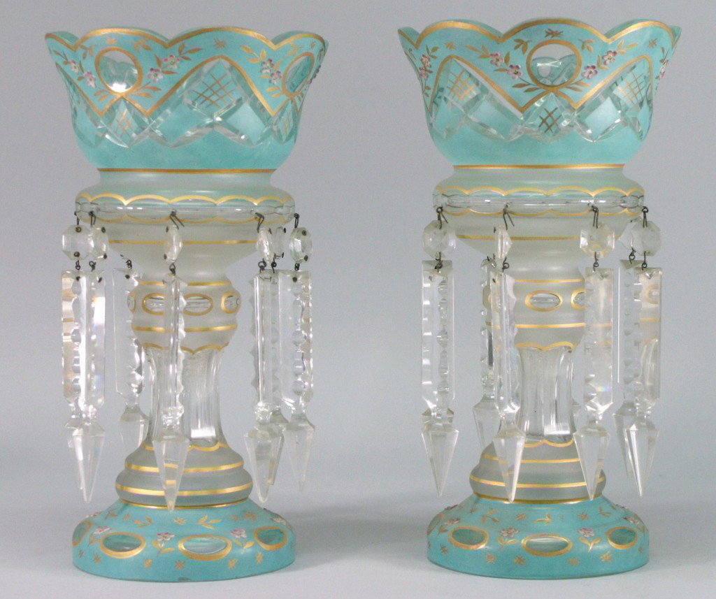 Bavarian Gilt and Blue Cut to Clear Lamps: A fine pair of Bavarian Gilt and Blue Cut to Clear Lamps. The lamps are adorned with prisms. The laps measure (11.5"x6)