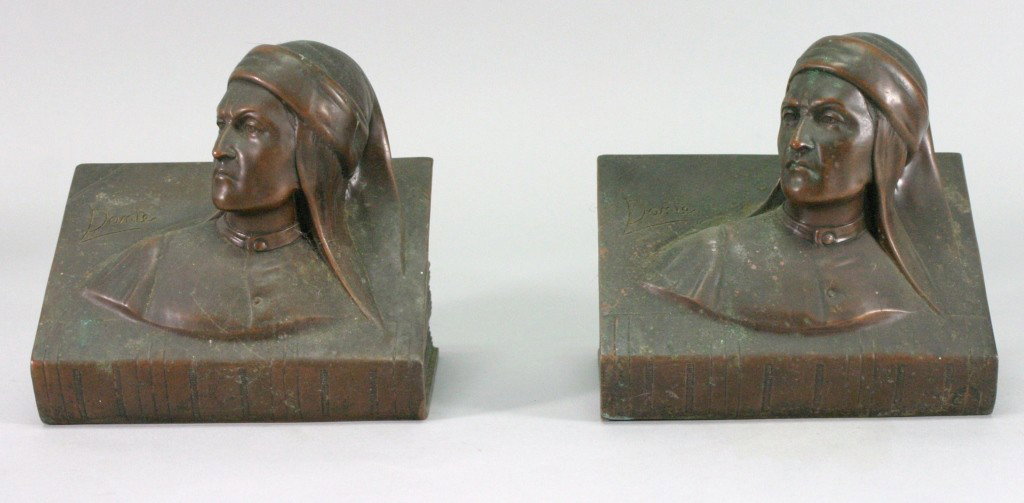 Bronze Patenated Dante Bookends: A nice pair of bronze patinated spelter Dante bookends measuring (6.5" x 5.5")