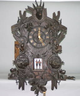 Rare Wehrle Black Forest Four Horn Trumpeter Clock: A beautiful and rare Emilian Wehrle Trumpeter wall clock in as found condition. A fine of his amazing craftsmanship, circa 1860. The brassworks appears to be in good condition, with a pendulum below a