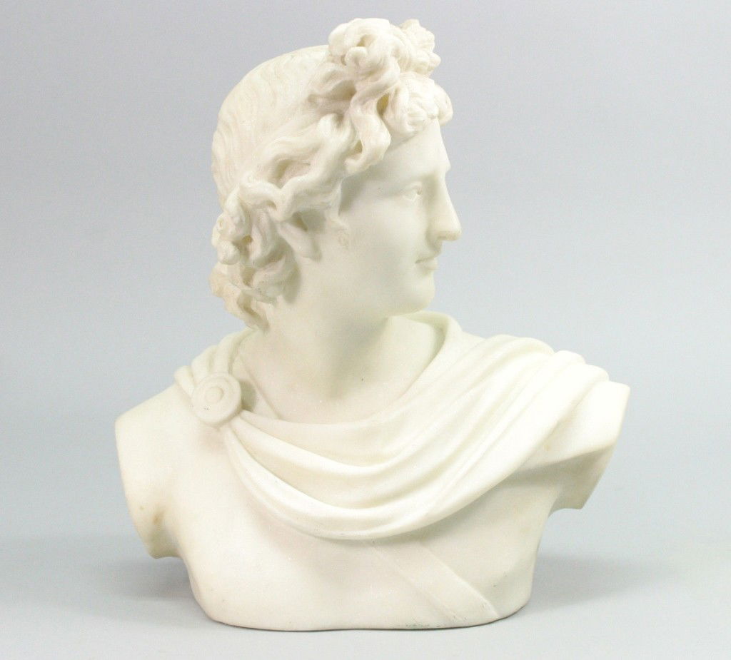 Carved Marble Bust of Apollo: A fine example of a beautiful carved bust. It portrays a Apollo