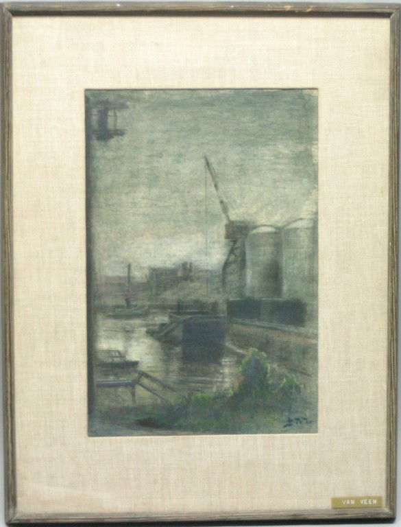 Van Veen "Industrial Shoreline": Provenance: From the estate of Yvette Poher Pocono PA given to her as a gift by famed artist John Koch while in his employ for over 40 years and measures 25x19 16.5x11