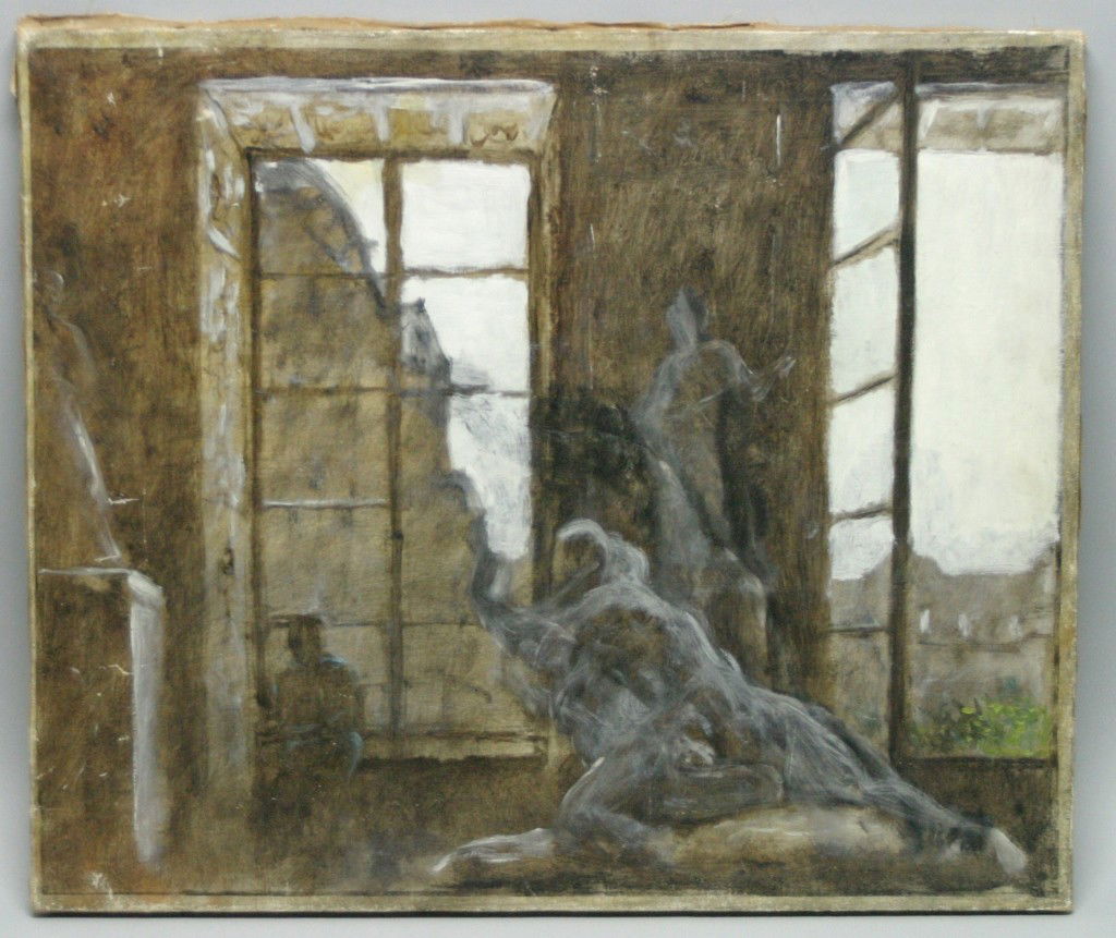 John Koch Oil on canvas attributed unfinished: Provenance: From the estate of Yvette Poher Pocono PA given to her as a gift by famed artist John Koch while in his employ for over 40 years 19.75x23.5