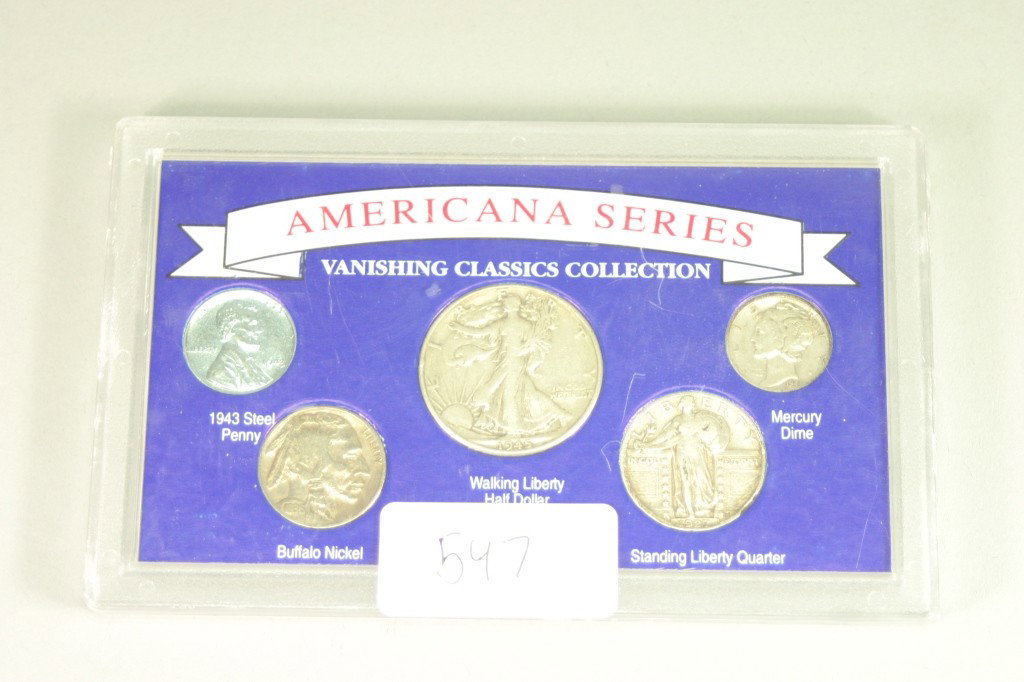 US Silver Walking Liberty Half Dollar Lot 90 %: Americana Series Vanishing Classics Collection 1943 steel penny, 1936 buffalo nickel, 1945 walking liberty half dollar, 1927 standing liberty quarter, 1944 mercury dime